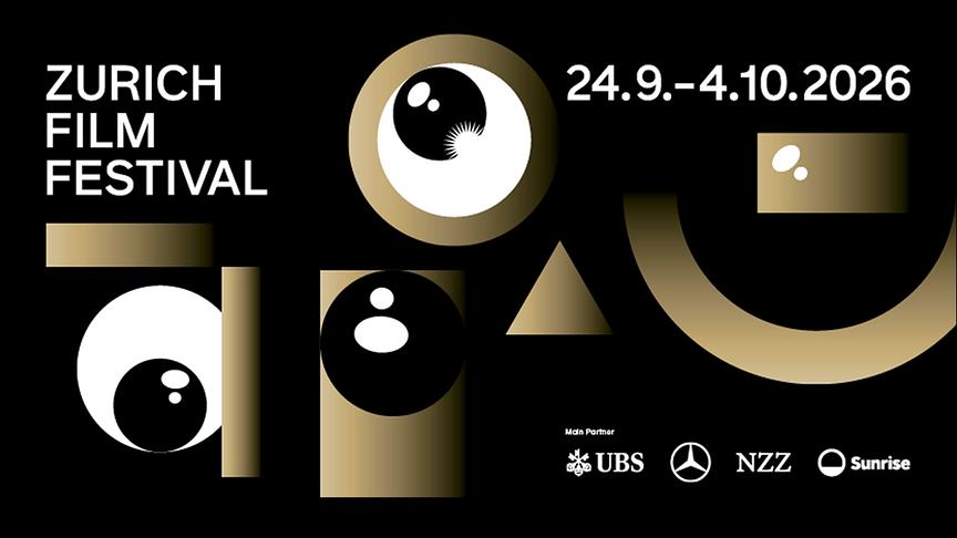 Ein schwarz-goldenes Plakat des Zurich Film Festival mit abstrakten grafischen Formen und dem Termin 24. September bis 4. Oktober 2026.