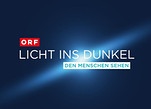 ORF-Logo und Schriftzug „Licht ins Dunkel – den Menschen sehen“ auf dunkelblauem Hintergrund mit Lichtstrahlen.