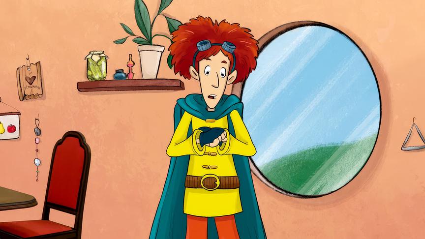 © ORF/Tower 10 Demokratino, eine gezeichnete Figur mit rotem Haar und grünem Umhang, steht in einem Raum vor einem runden Fenster, Regal und Pflanzen.