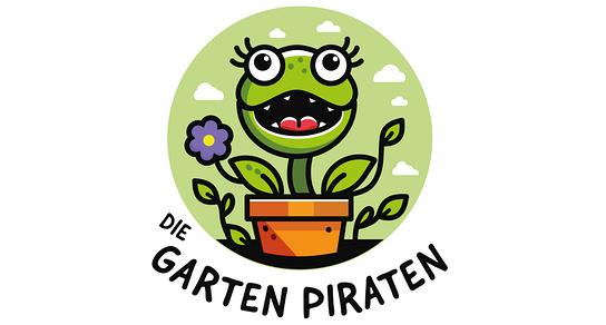 © ORF/Steiner Familyentertainment Das runde Logo zeigt eine fröhliche, comicartige Pflanzenfigur mit großen Augen in einem Blumentopf, umrahmt von Blättern und Wolken und darunter der Aufschrift "Die Gartenpiraten".