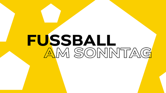 Logo mit "FUSSBALL AM SONNTAG" in schwarzer Schrift vor einem gelben Hintergrund mit weißen geometrischen Formen.