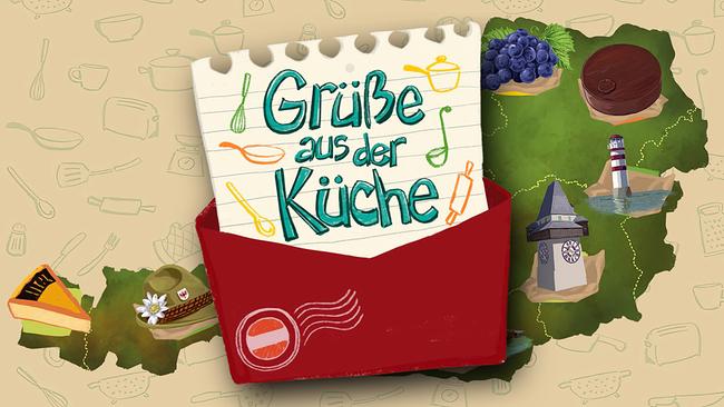 Eine bunte Grafik mit dem Schriftzug „Grüße aus der Küche“, umgeben von Kochsymbolen und österreichischen Motiven.