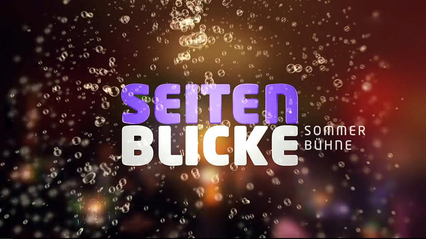 Eine farbenfrohe Grafik mit schwebenden Bläschen und dem Schriftzug „Seitenblicke – Sommerbühne“ vor einem warm leuchtenden Hintergrund.