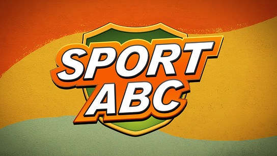 Grafik mit Schriftzug „Sport ABC“ in kräftigen Farben auf einem schildförmigen Hintergrund.