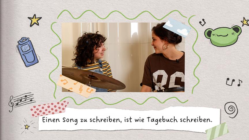 Carmen mit ihrem Gast Lena Schaur beim gemeinsamen Musizieren, umrahmt von bunten Zeichnungen und dem Satz „Einen Song zu schreiben, ist wie Tagebuch schreiben.“